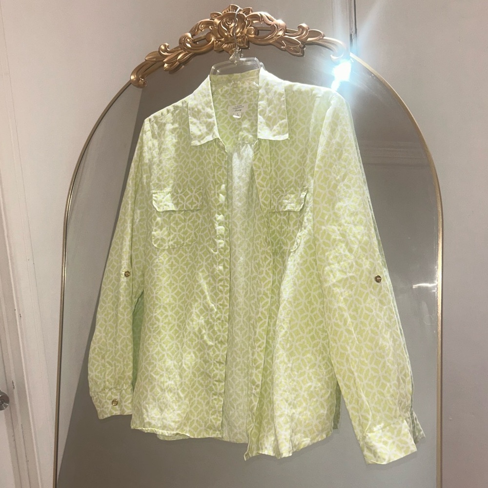Charter Club Linen Luxury Light Green Button-up Shirt, Size L